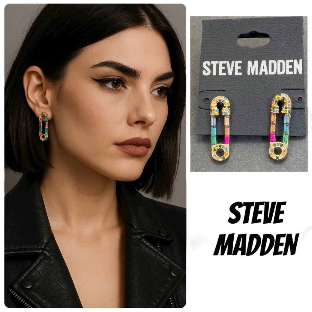 (NWT) Steve Madden Rainbow Crystal Safety Pin Earrings Gold Tone
